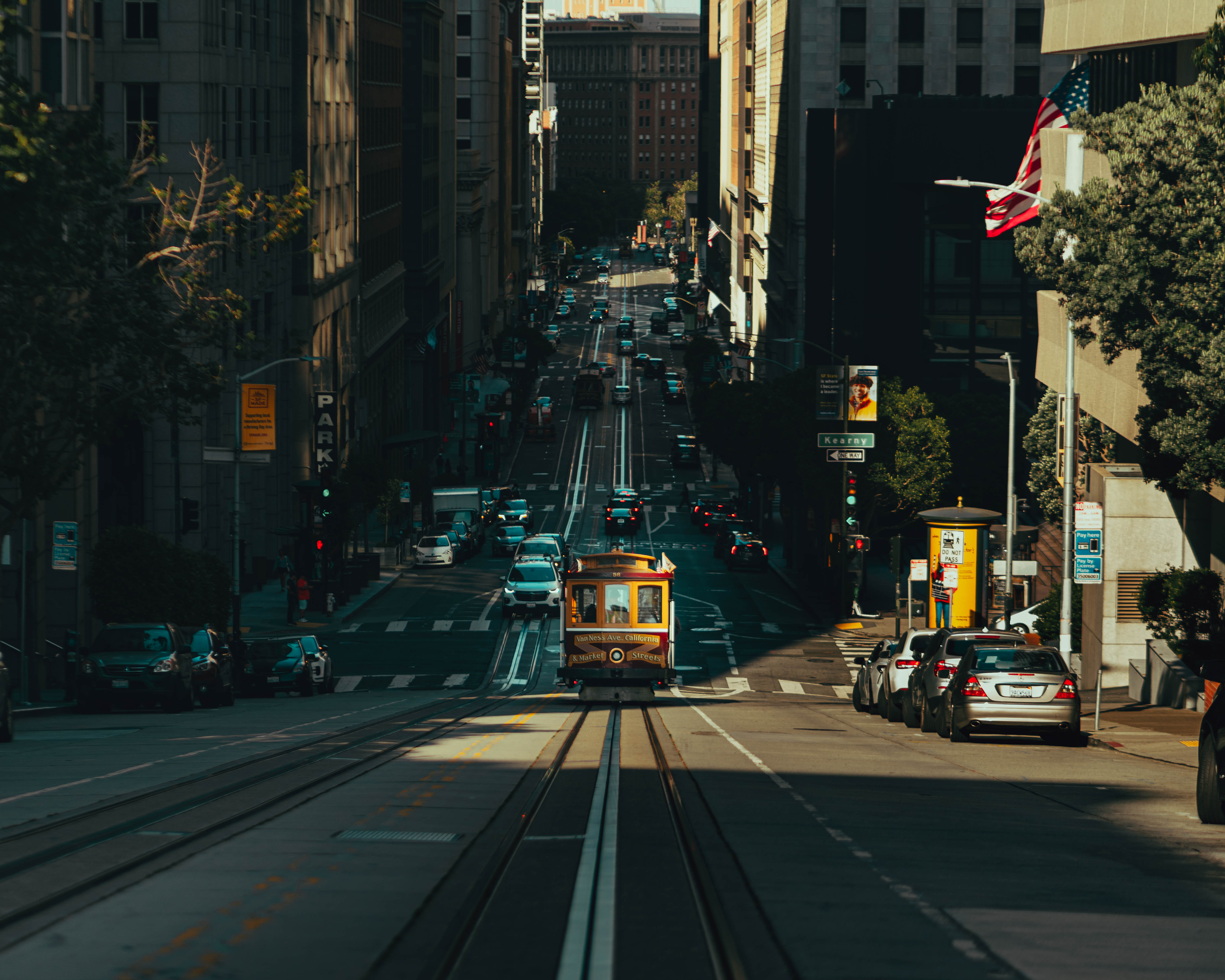 San Francisco cable car on Market Street at dusk